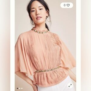 Varun Bahl Anthropologie pleated embroidered top size S powder peach NEW